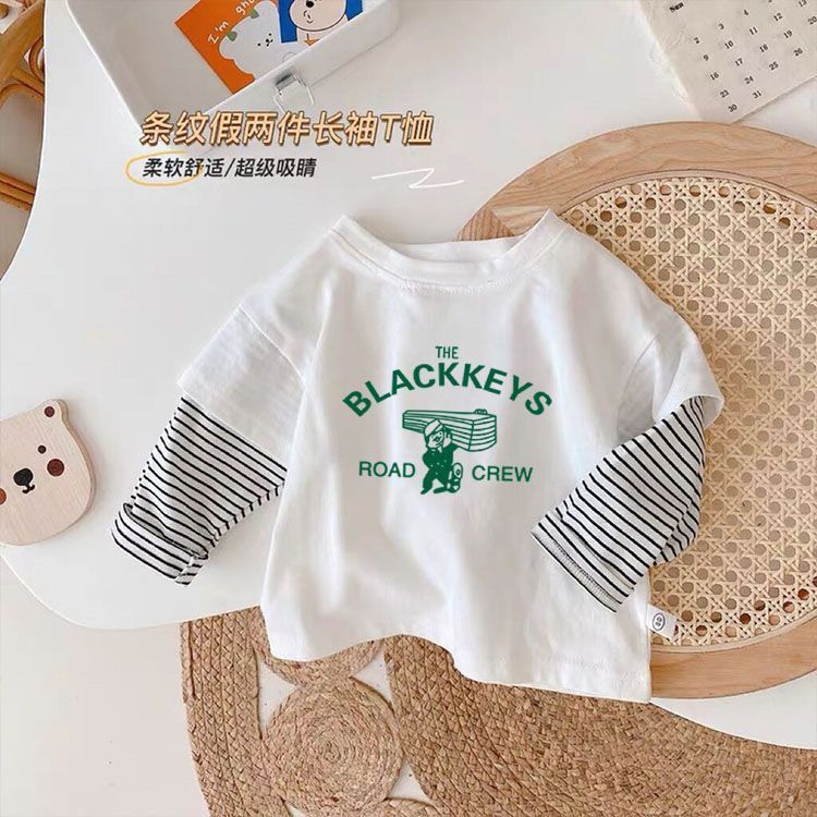 Children's T-shirt cotton long-sleeved spring and autumn stripes casual fake two-piece bottoming shirt boys and girls baby autumn top T