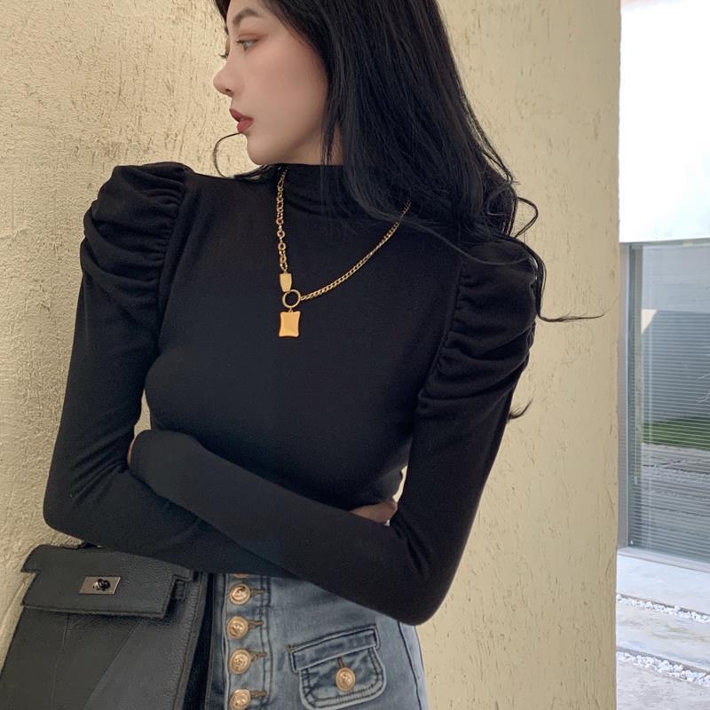 半高領內搭別致打底衫女修身設計感小眾泡泡袖長袖t恤正肩上衣潮