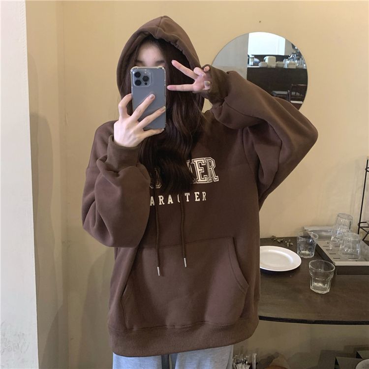 吉兔狗 纯棉咖啡色卫衣女学生棕色卫衣加绒加厚秋冬季新款宽松慵懒风上衣