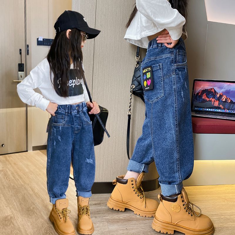 女童褲子春秋裝2023新款網紅牛仔褲兒童哈倫褲女孩洋氣時髦老爹褲