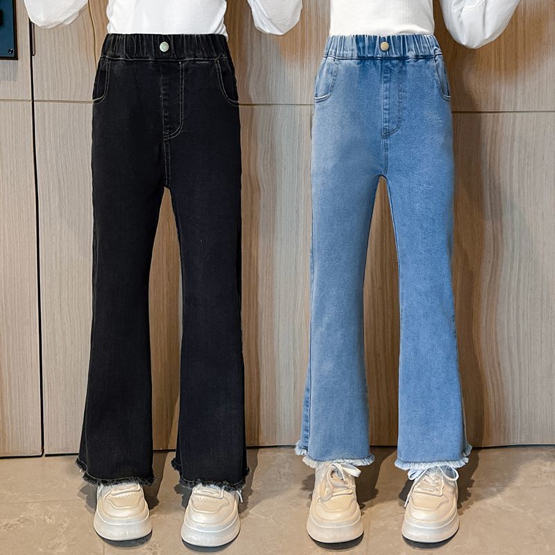 女童牛仔褲2023新款春秋款兒童中大童春裝外穿女孩百搭彈力喇叭褲