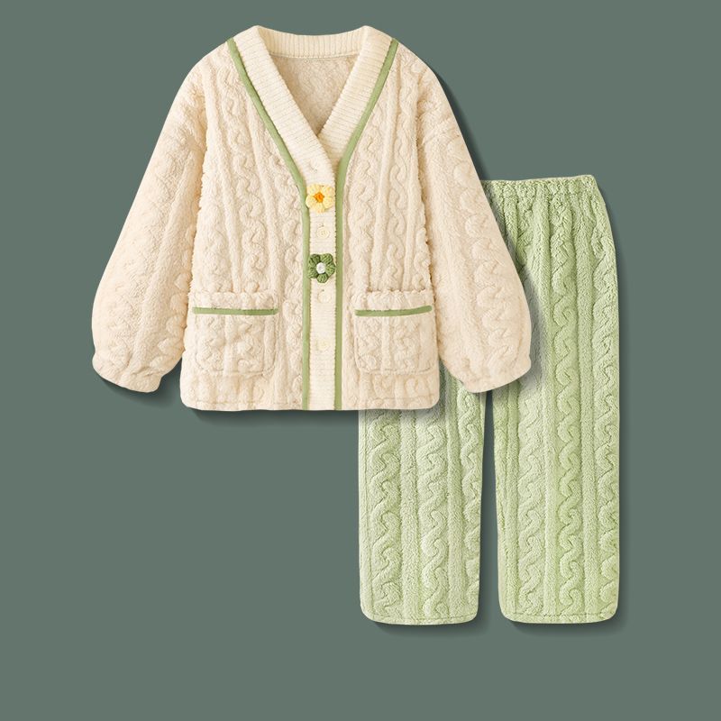 女童珊瑚絨睡衣冬季加厚款保暖可愛小花可外穿長袖家居服長袖套裝