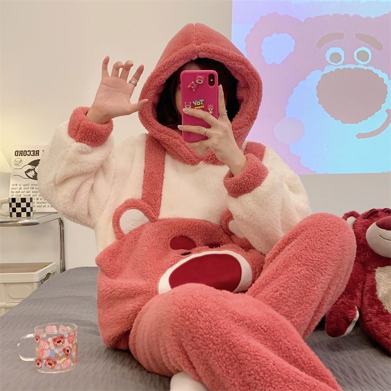 Coral fleece pajamas women's autumn and winter thickened plus velvet sweet and cute home service flannel can be worn outside warm suit