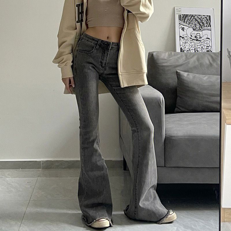 歐美高街vibe風煙灰色微喇叭牛仔褲子女春季2023顯瘦拖地褲ins潮