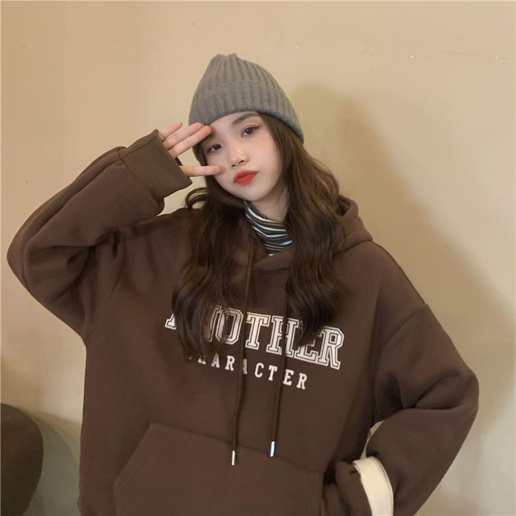 吉兔狗 纯棉咖啡色卫衣女学生棕色卫衣加绒加厚秋冬季新款宽松慵懒风上衣