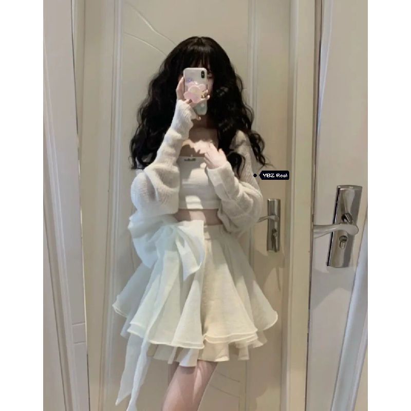 Summer gentle wear women's 2022 new Korean version loose cardigan strap bow skirt three-piece trendy