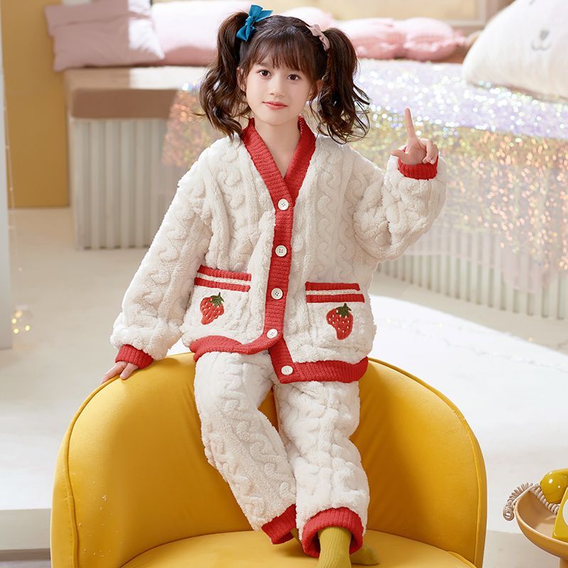 Children's Pajamas Flannel Autumn and Winter Girls Coral Fleece Thickened Warm Style Big Boys and Girls Homewear Set