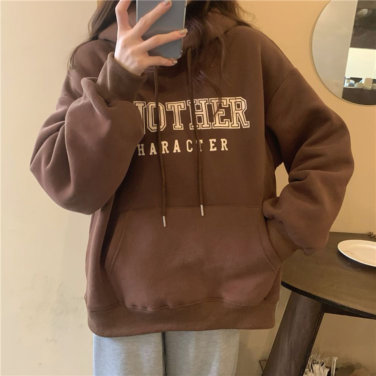 吉兔狗 纯棉咖啡色卫衣女学生棕色卫衣加绒加厚秋冬季新款宽松慵懒风上衣