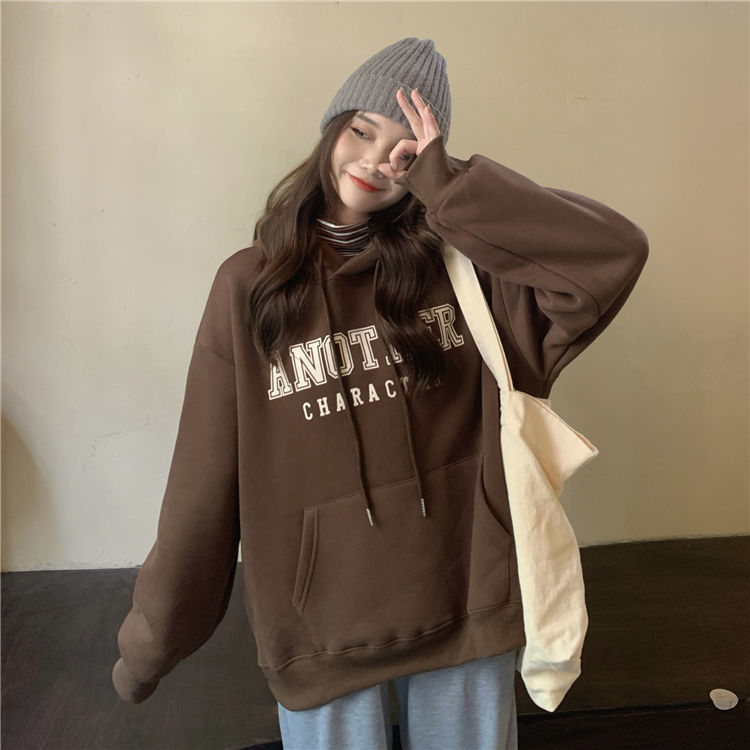 吉兔狗 纯棉咖啡色卫衣女学生棕色卫衣加绒加厚秋冬季新款宽松慵懒风上衣