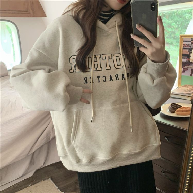 吉兔狗 纯棉咖啡色卫衣女学生棕色卫衣加绒加厚秋冬季新款宽松慵懒风上衣