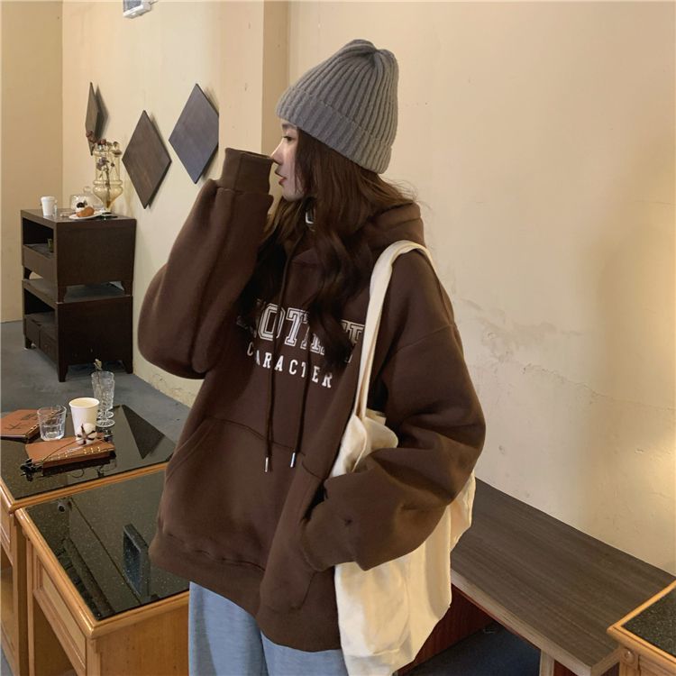 吉兔狗 纯棉咖啡色卫衣女学生棕色卫衣加绒加厚秋冬季新款宽松慵懒风上衣