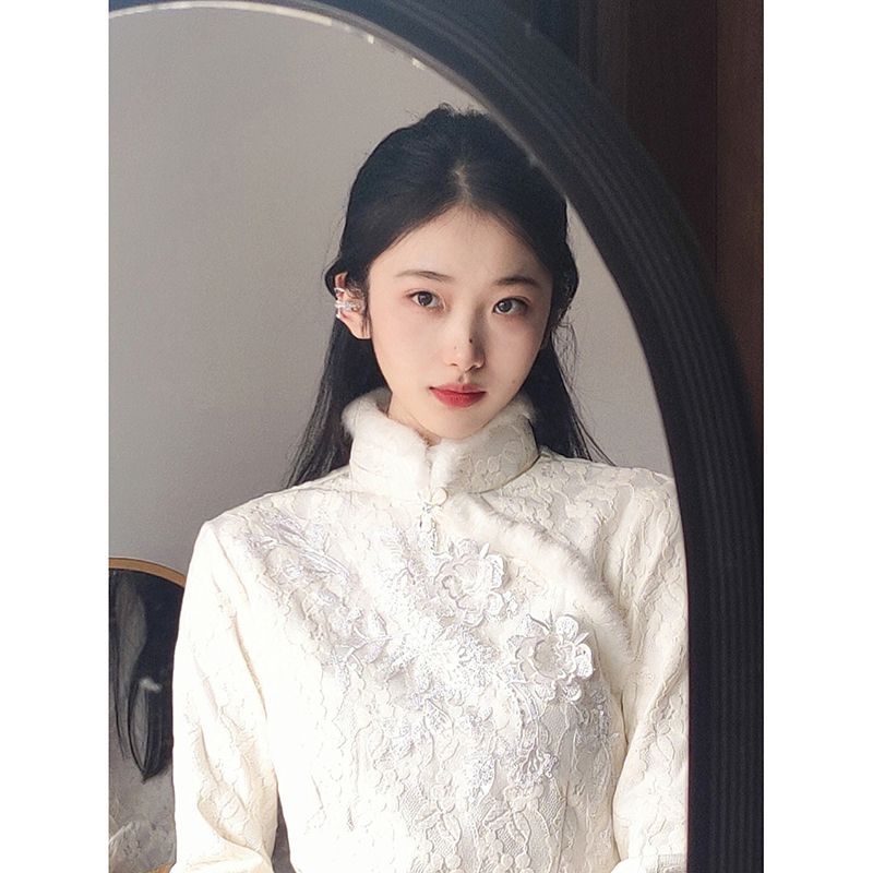 白色旗袍改良復古氣質名媛長袖冬季加加絨厚年輕少女新款高端素雅
