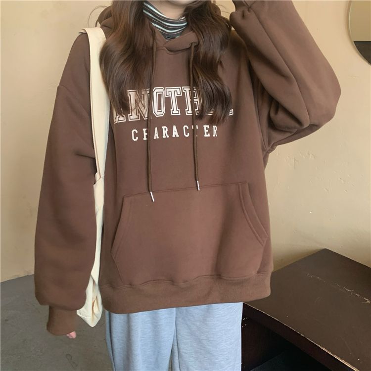 吉兔狗 纯棉咖啡色卫衣女学生棕色卫衣加绒加厚秋冬季新款宽松慵懒风上衣