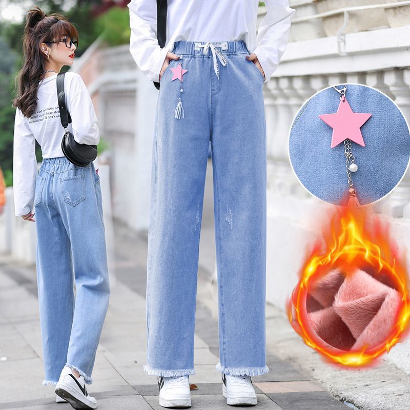Spring and autumn new Korean version of women's elastic waist straight jeans all-match junior high school students loose winter big children wide-legged jeans