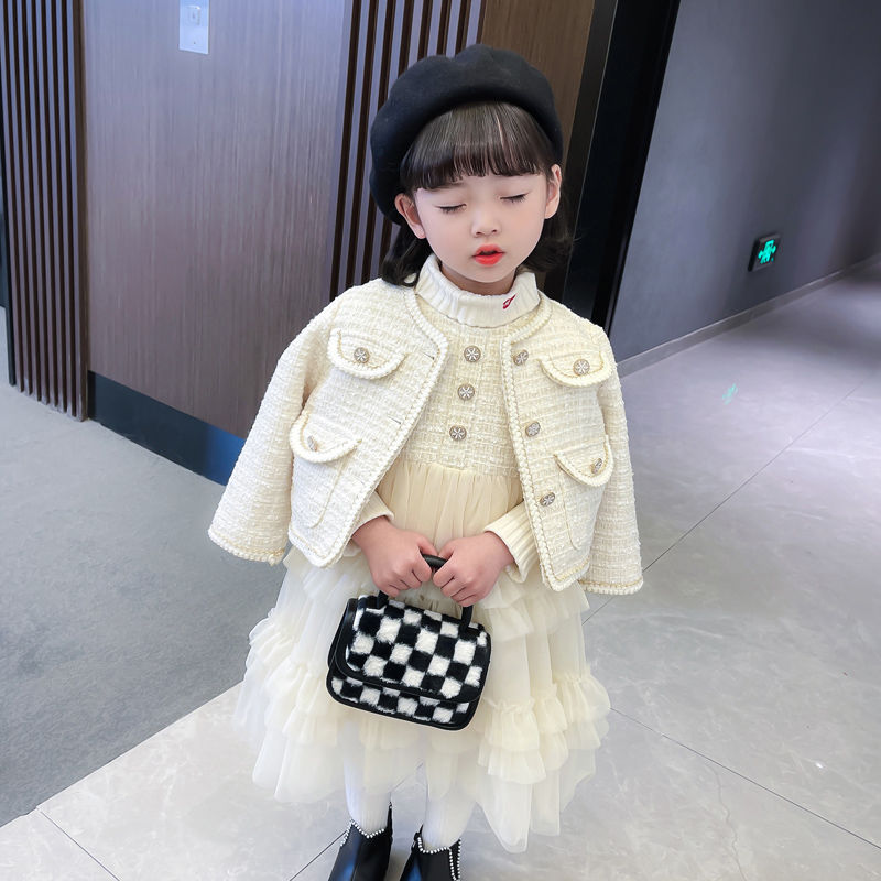 Girls' small fragrance suit autumn and winter clothes 2022 new foreign style plus velvet dress children's princess skirt two-piece set