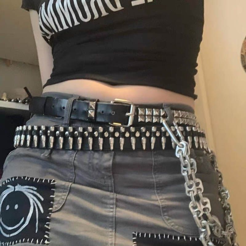 Instagram niche punk y2k rivet bullet head Zuo Yuanjie, same style metal jeans belt, versatile_voghion.com