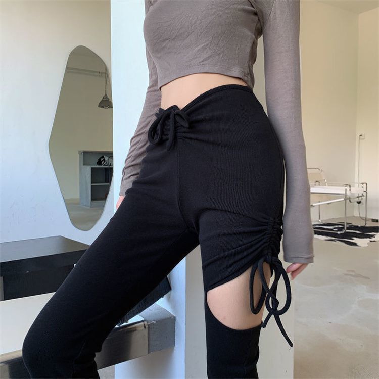Design sense micro flared tie hollow casual pants women's spring and summer  new trousers high waist slim flared pants