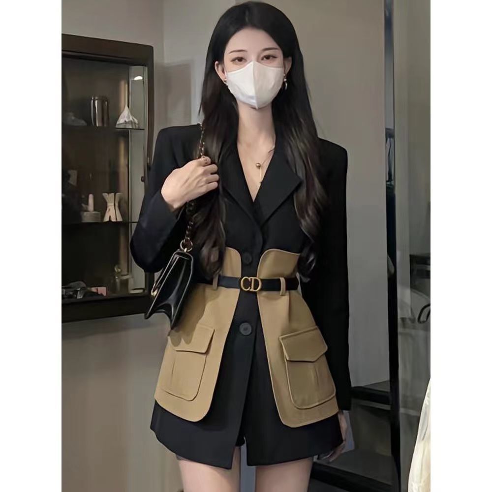 Plus-size female Korean version retro fashion temperament mid-length contrast color splicing suit jacket foreign style tooling color matching suit