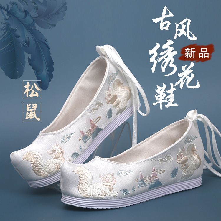 Fenglianshan high-heeled Hanfu shoes women's ancient style embroidered shoes Han elements ancient costume head-turning bow shoes increase the height by seven centimeters