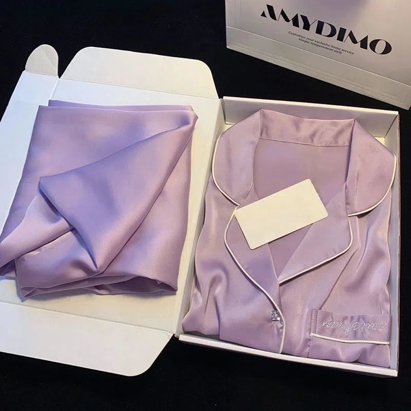 Ice silk pajamas women's spring and autumn suit simple ins style high-value long-sleeved purple silk home clothes can be worn outside