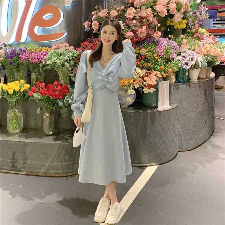 Early autumn new outerwear gray blouse women + black dress casual waist suspender skirt two-piece suit trendy