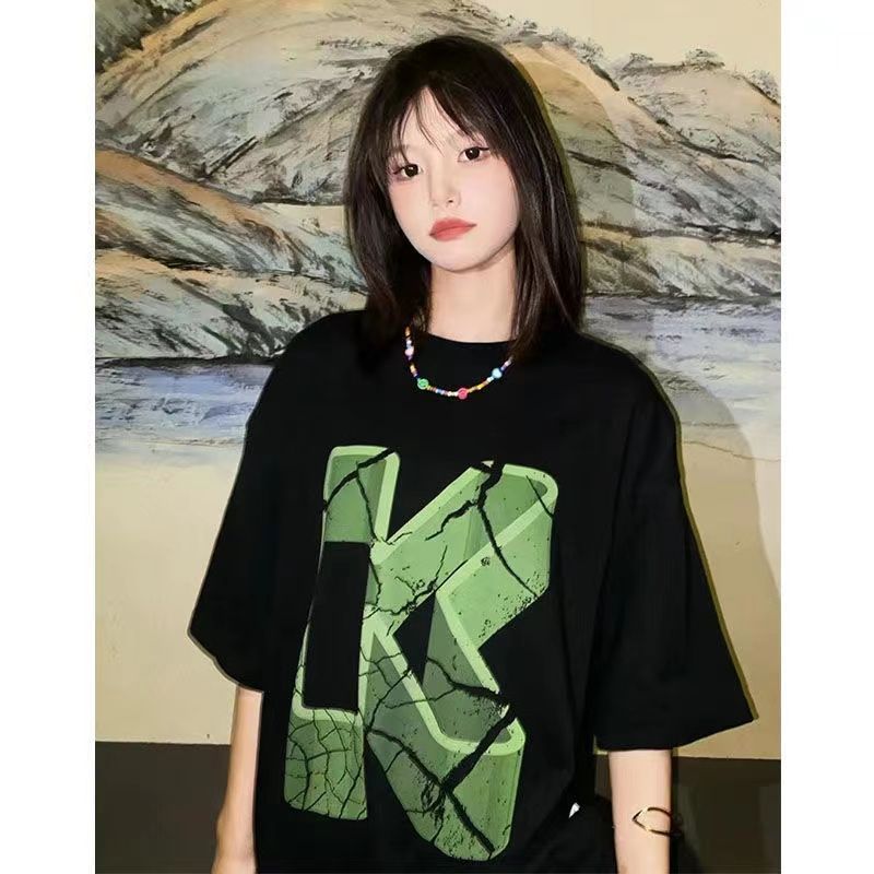 純棉100%甜酷黑色t恤女圓領美式高街撞色印花設計ins潮流寬鬆短袖