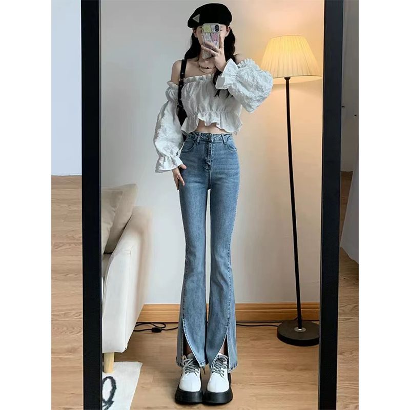 YSYOURS開叉微喇牛仔褲女春秋高腰顯瘦緊身大碼設計感喇叭長褲子