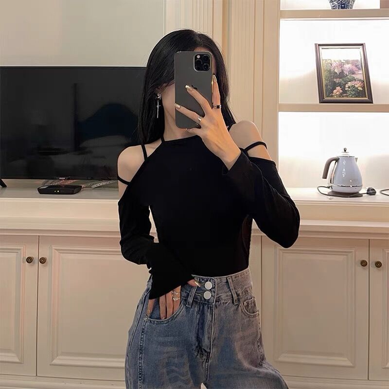 Hanging neck clothes hot girl wind tight short pure desire women's top spring and autumn inner bottoming shirt strapless t-shirt winter