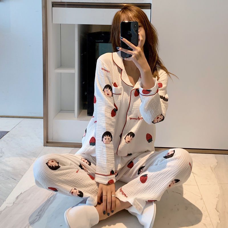 Baby gauze pajamas female spring and autumn students Japanese cute Chibi Maruko long-sleeved trousers gauze home service suit