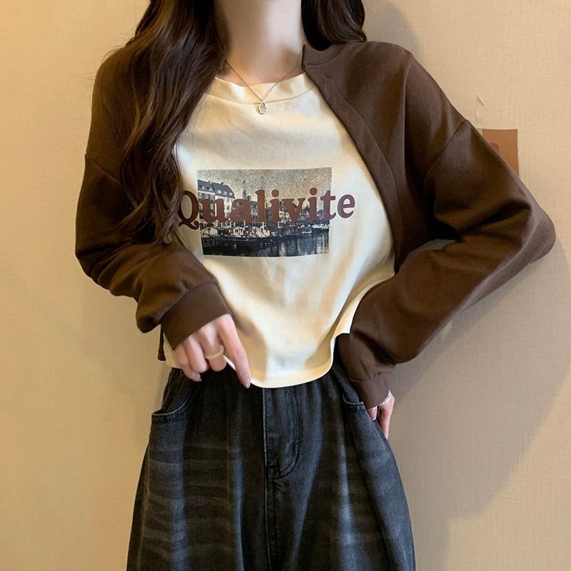 設計感小眾百搭顯瘦假兩件長袖衛衣女2023新款秋季高級感短款上衣