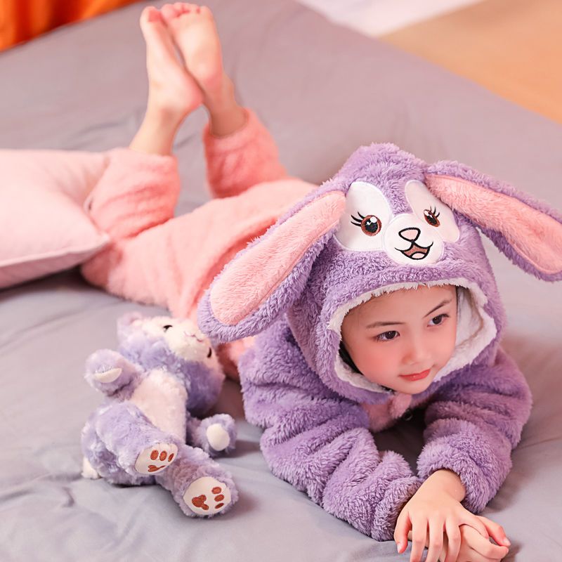 Children's hooded cute cartoon coral fleece one-piece pajamas baby thickened anti-kick quilt flannel sleeping bag autumn and winter models