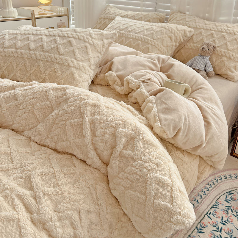 ins冬季牛奶塔夫绒加厚床上四件套双面法兰珊瑚绒被套床单三件套