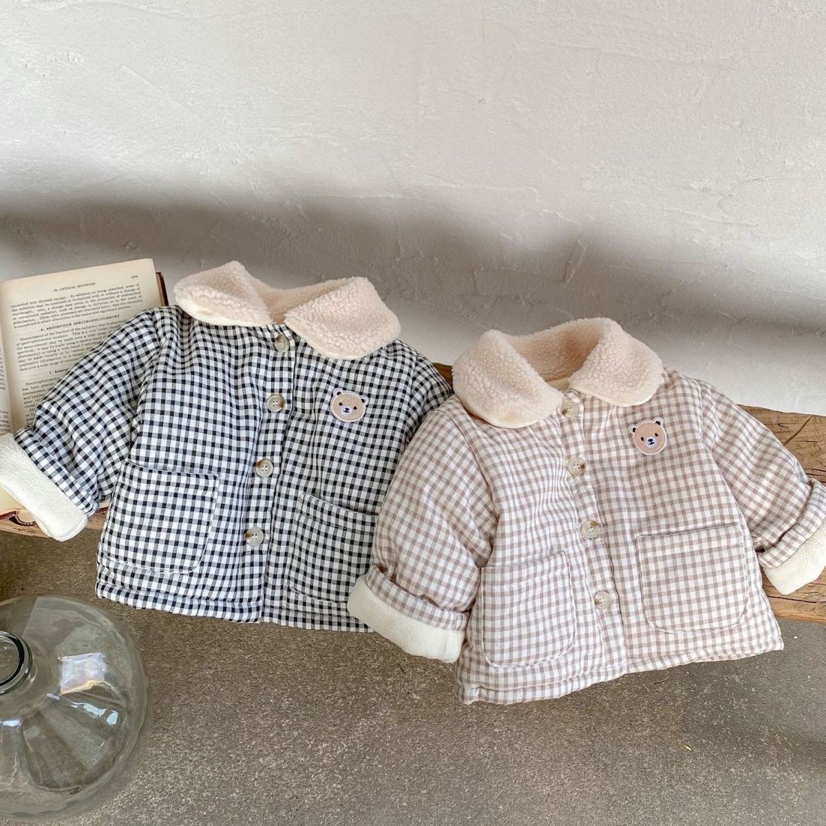 2022韩版婴儿冬季外套男女宝宝格子小熊夹棉保暖棉袄加厚儿童棉服