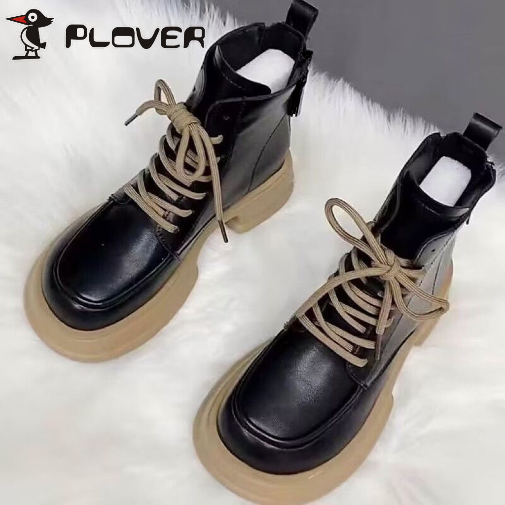 PLOVER正品軟皮馬丁靴女2022新款百搭春秋單靴女松糕厚底短靴子女