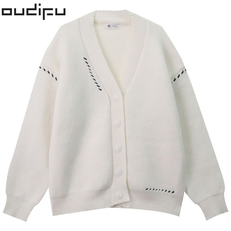 OUDIFU 慵懒风毛衣开衫入秋外套设计感小众中长款上衣针织衫
