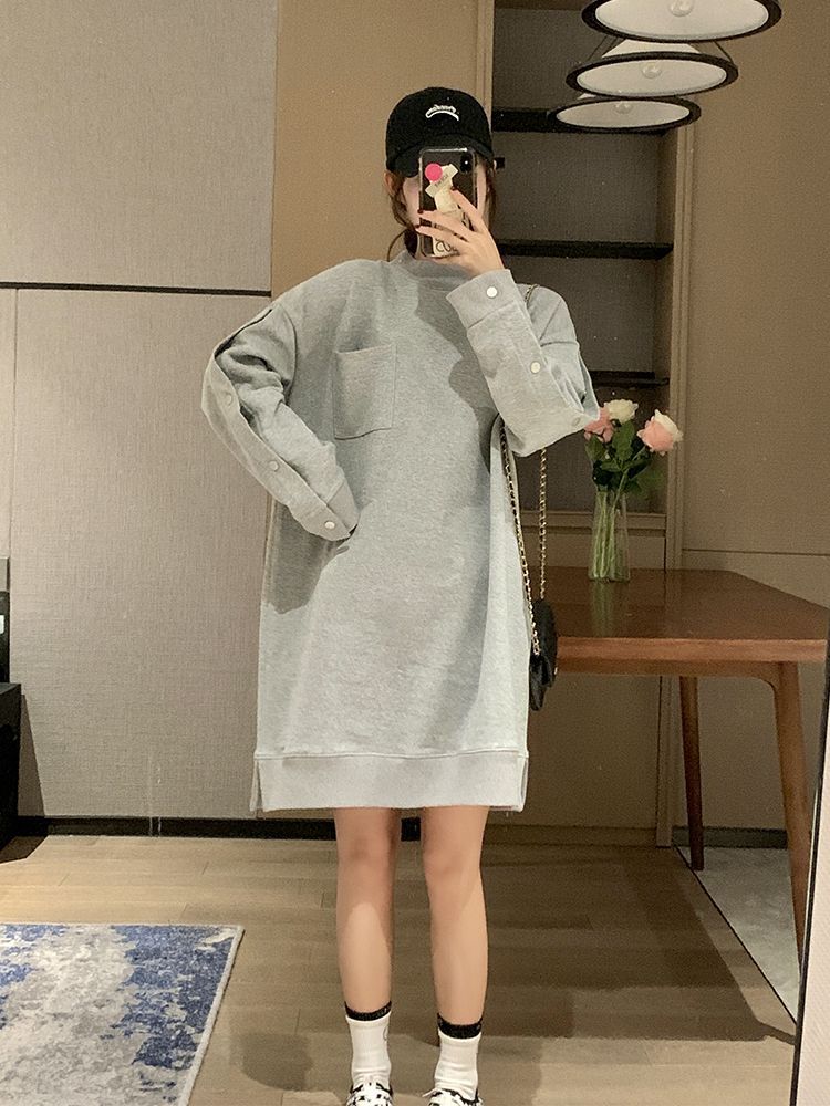 Fat sister mid-length sweater dress spring and autumn extra large size 300 catties loose belly cover pregnant women's dress