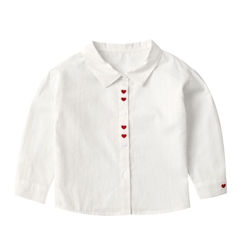 Children's pure cotton white shirt girls sweet and cute embroidered love top long-sleeved bottoming spring and autumn models, children's clothing