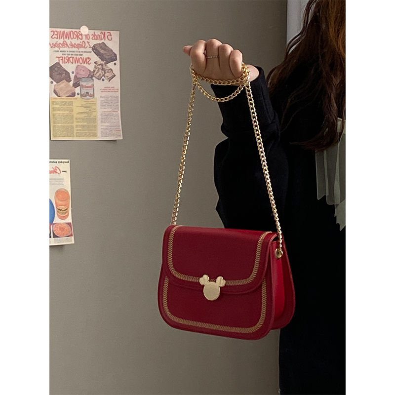 紅色鏈條包包女2023新款春夏可愛女包馬鞍包單肩斜挎包高級感小包