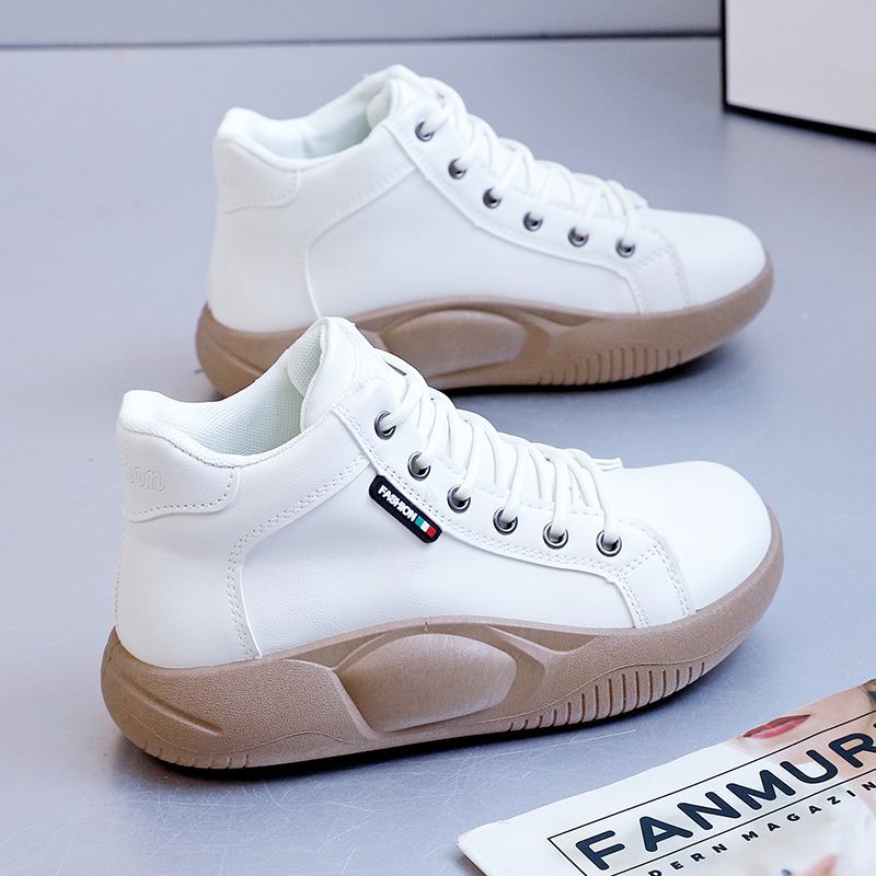 Leather high-top shoes women's 2022 new autumn high street ins trendy white shoes trendy short boots all-match casual shoes