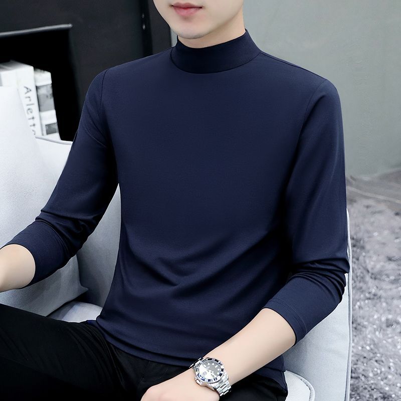 Pure cotton half-high collar bottoming shirt men's long-sleeved t-shirt solid color middle collar spring and autumn men's underwear t-shirt outerwear autumn clothes
