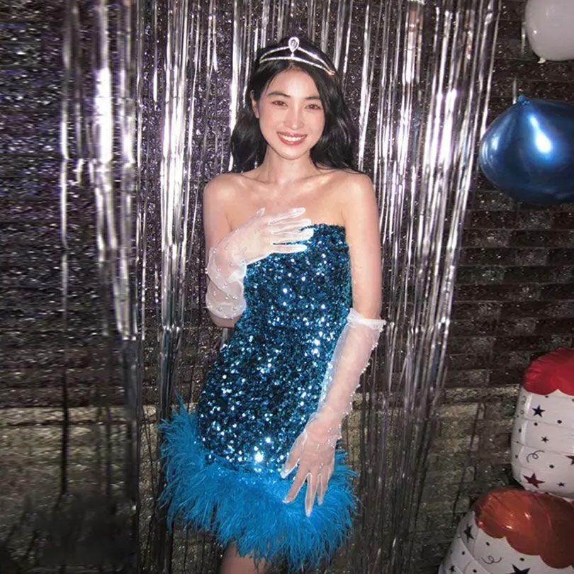 【現貨秒發】亮閃閃珠片抹胸連衣裙高級感短裙同款生日party禮服
