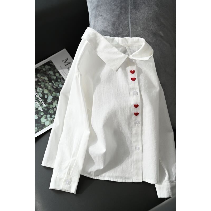 Children's pure cotton white shirt girls sweet and cute embroidered love top long-sleeved bottoming spring and autumn models, children's clothing