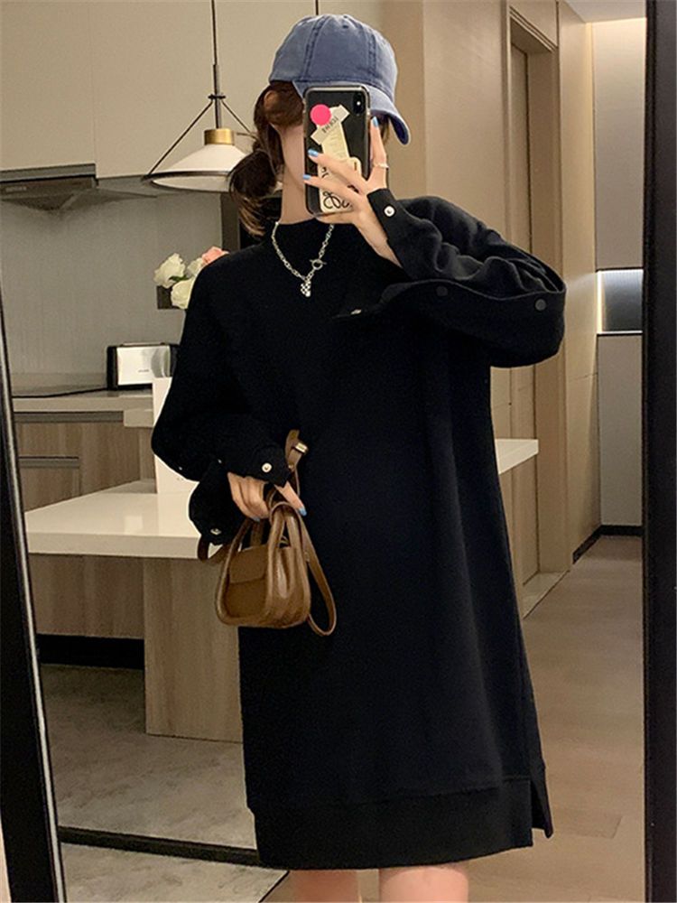 Fat sister mid-length sweater dress spring and autumn extra large size 300 catties loose belly cover pregnant women's dress