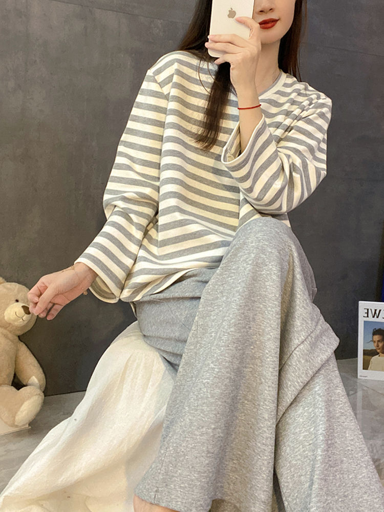 New pajamas women's spring and autumn casual long-sleeved striped simple youth suit students winter home clothes can be worn outside