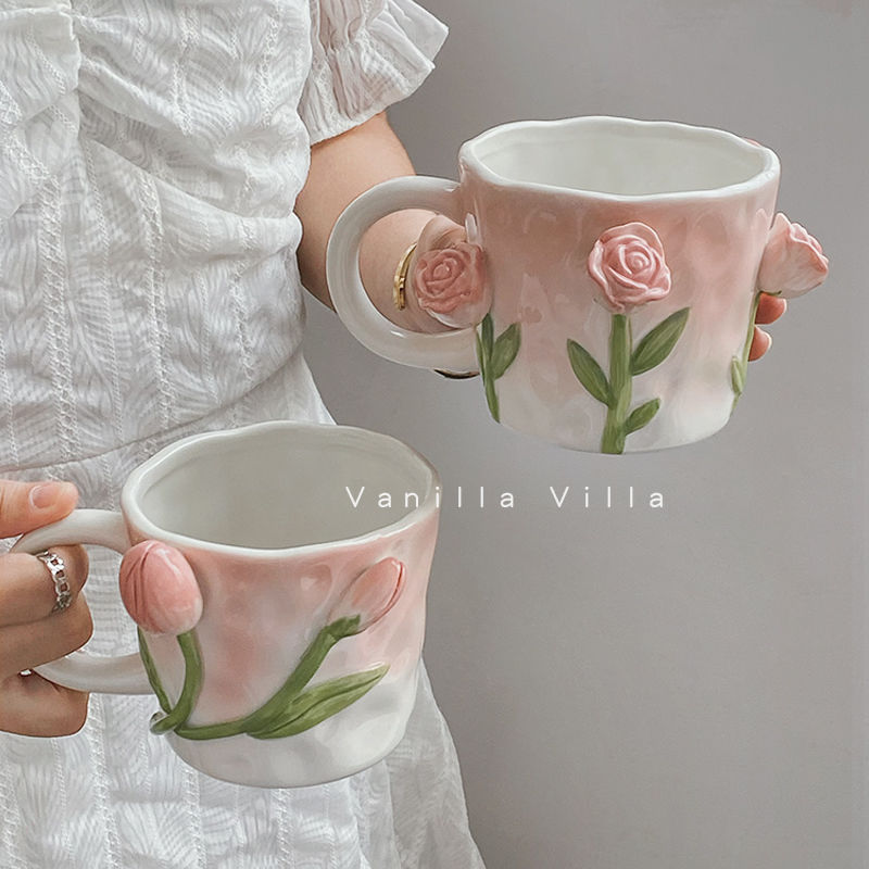 少女心ins手绘郁金香玫瑰立体花朵马克杯高级感伴手礼陶瓷杯水杯