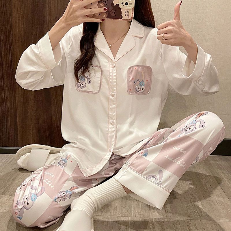 睡衣女春秋冰絲可出門網紅ins風可愛夏季長袖長褲薄款家居服套裝
