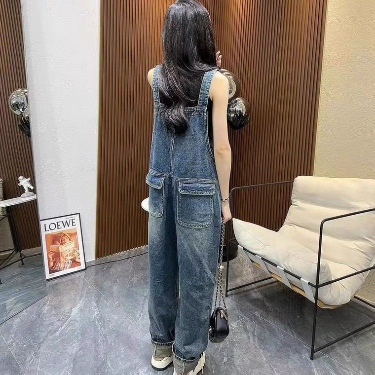 Jumpsuit women's autumn new loose jeans retro three-dimensional pocket straight overalls