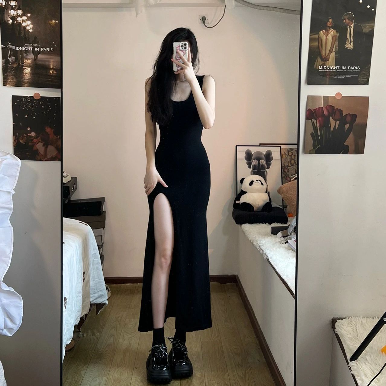 吊帶連衣裙女2023新款夏季氣質修身純欲辣妹內搭包臀裙開叉長裙子