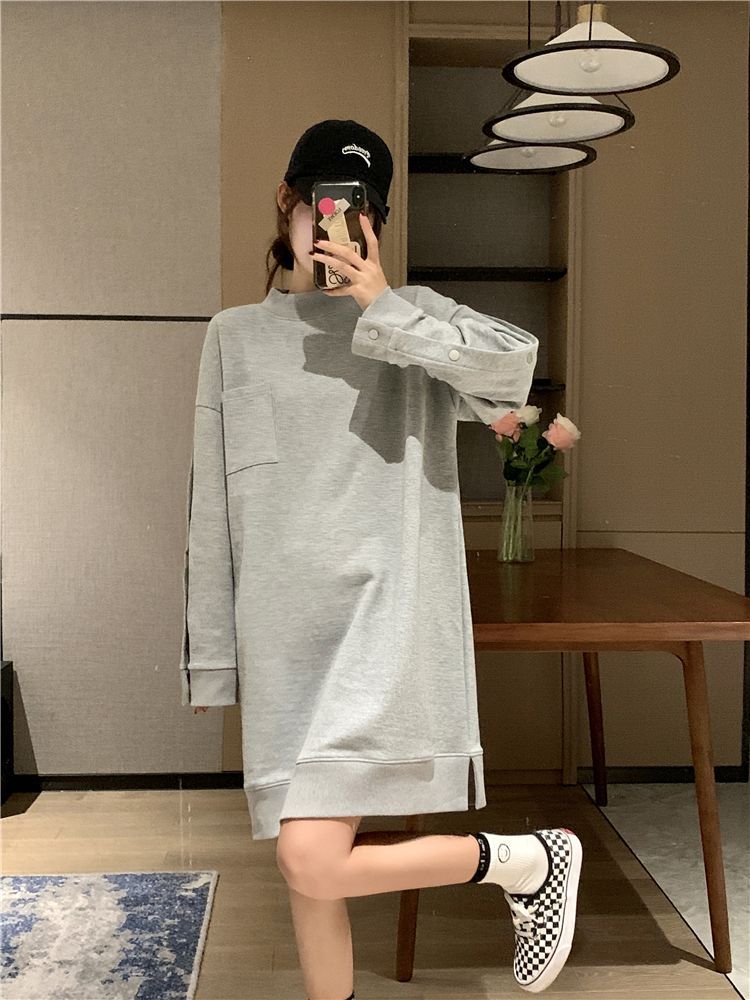 Fat sister mid-length sweater dress spring and autumn extra large size 300 catties loose belly cover pregnant women's dress