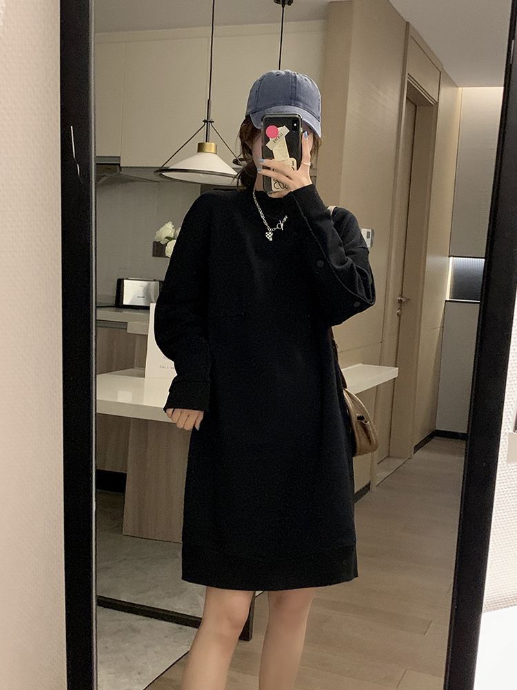 Fat sister mid-length sweater dress spring and autumn extra large size 300 catties loose belly cover pregnant women's dress